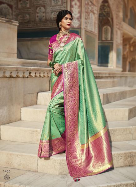 Mint Green Silk Weaving Wedding-Wear Embroidered Saree