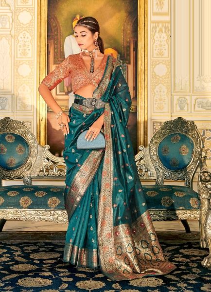 Teal Blue Organza Weaving Jari Silk Saree For Traditional / Religious Occasions