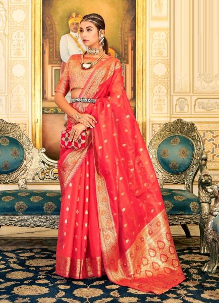 Coral Red Organza Weaving Jari Silk Saree For Traditional / Religious Occasions