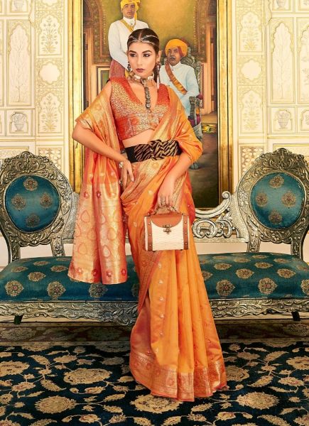 Orange Organza Weaving Jari Silk Saree For Traditional / Religious Occasions