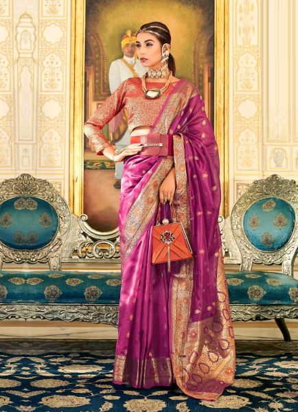 Purple Organza Weaving Jari Silk Saree For Traditional / Religious Occasions