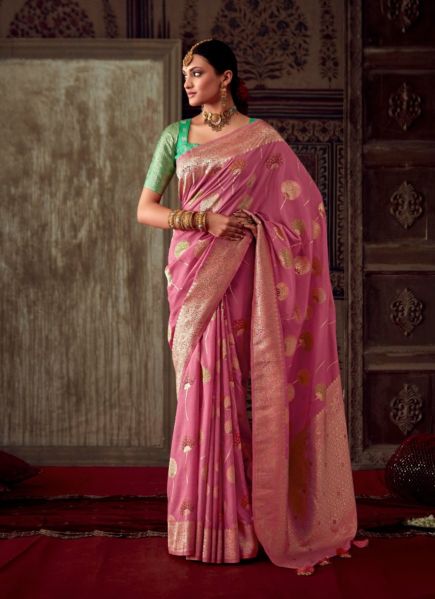 Dark Pink Kanjivaram Woven Silk Party-Wear Saree