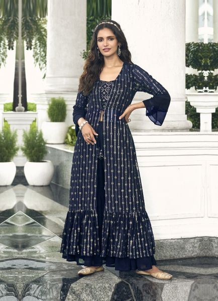 Navy Blue Georgette Embroidered Party-Wear Choli & Palazzo Set With Shrug