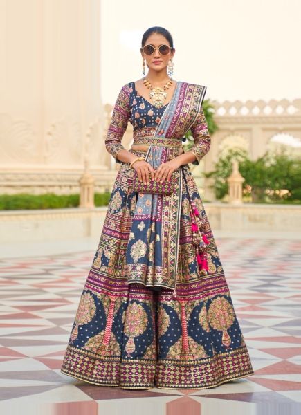 Navy Blue Rajwadi Silk Printed Wedding-Wear Stylish Lehenga Choli With Belt
