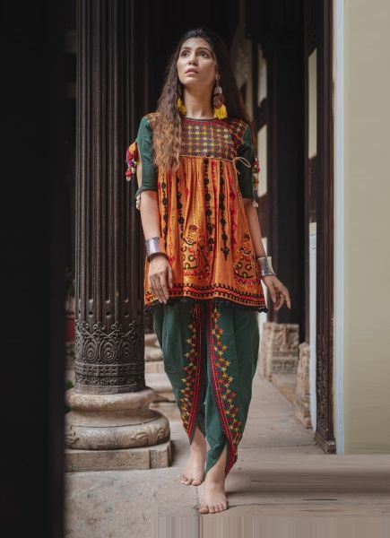 Orange Khadi Thread-Work Readymade Navratri-Wear Kedia Set