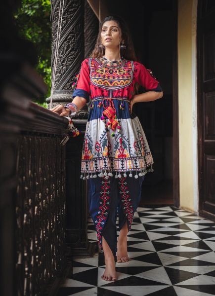 Multicolor Khadi Thread-Work Readymade Navratri-Wear Kedia Set