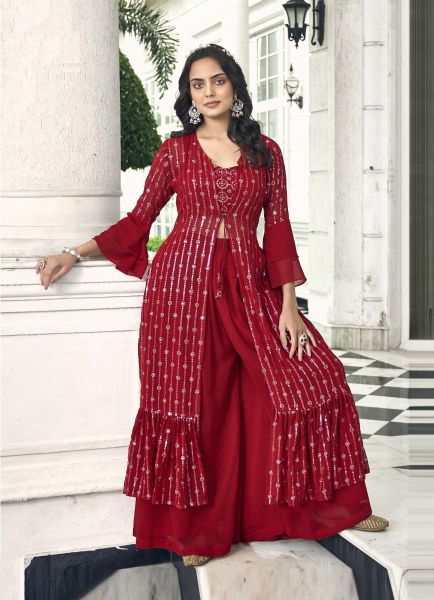 Red Georgette Embroidered Party-Wear Choli & Palazzo Set With Shrug