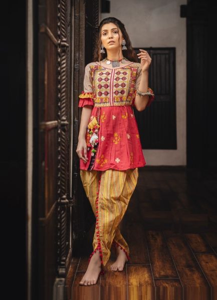 Red & Yellow Khadi Thread-Work Readymade Navratri-Wear Kedia Set