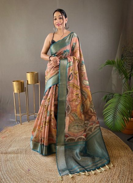 Light Coral Tussar Silk Digitally Printed Saree For Traditional / Religious Occasions