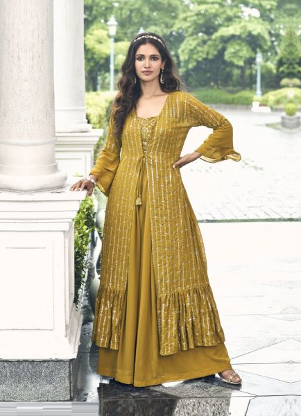 Mustard Yellow Georgette Embroidered Party-Wear Choli & Palazzo Set With Shrug