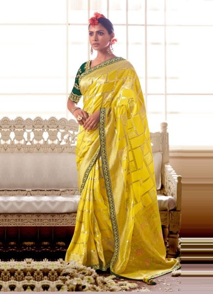 Yellow Pure Banarasi HandWork Wedding Wear Embroidery Saree