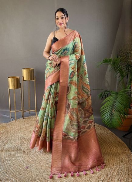 Light Green Tussar Silk Digitally Printed Saree For Traditional / Religious Occasions