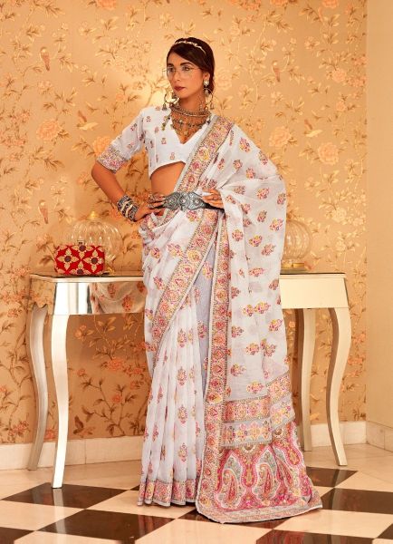 White Pashmina Silk Printed Winter-Wear Saree