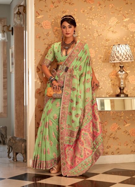 Light Green Pashmina Silk Printed Winter-Wear Saree