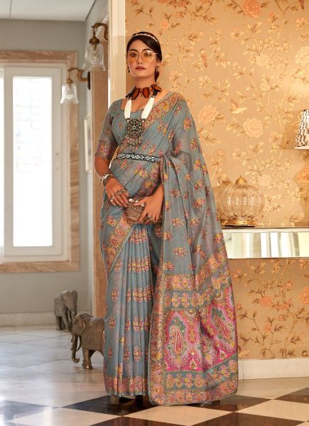 Gray Pashmina Silk Printed Winter-Wear Saree