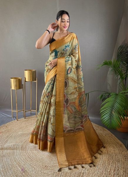 Light Sage Green Tussar Silk Digitally Printed Saree For Traditional / Religious Occasions