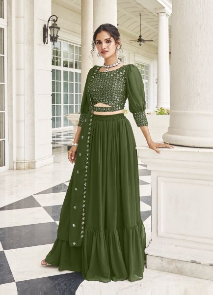 Olive Green Pure Faux Georgette Sequins-Work Party-Wear Readymade Choli & Skirt Set
