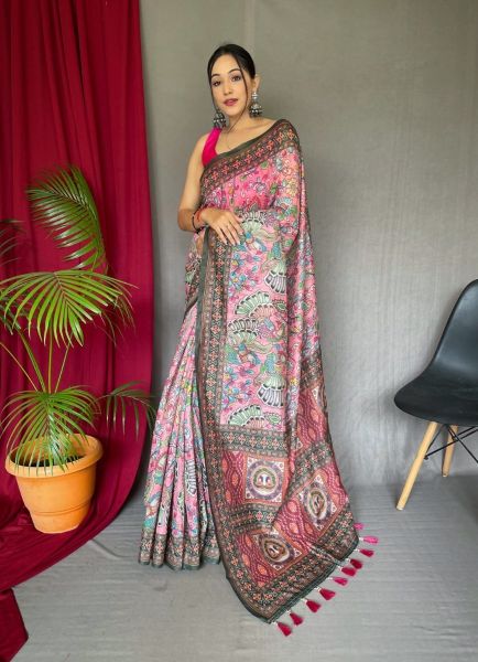 Pink Cotton Digitally Printed Festive-Wear Kalamkari Saree