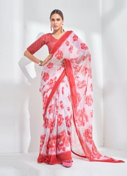 Pink & White Georgette Floral Printed Saree For Kitty Parties