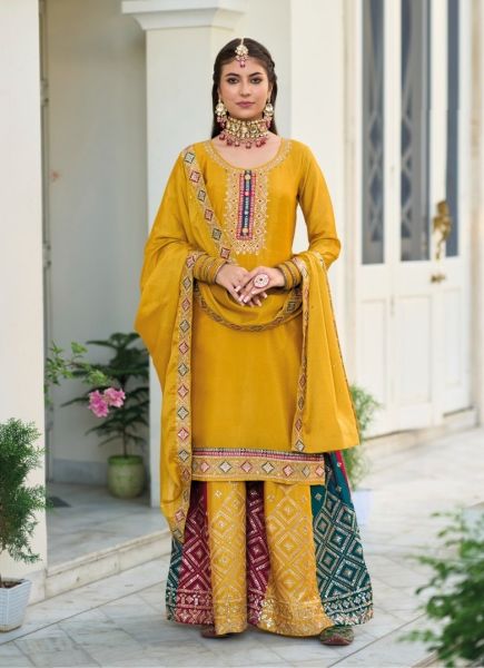 Yellow Silk Embroidered Ramadan Special Palazzo-Bottom Readymade Salwar Kameez