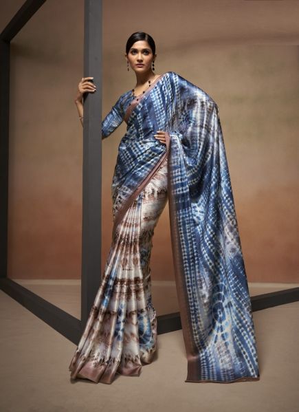 Blue & Brown Satin Digitally Printed Party-Wear Vibrant Saree