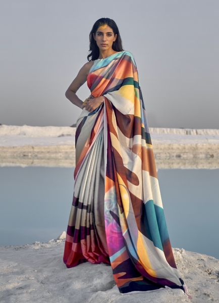 Multicolor Satin Crape Digitally Printed Festive-Wear Vibrant Saree
