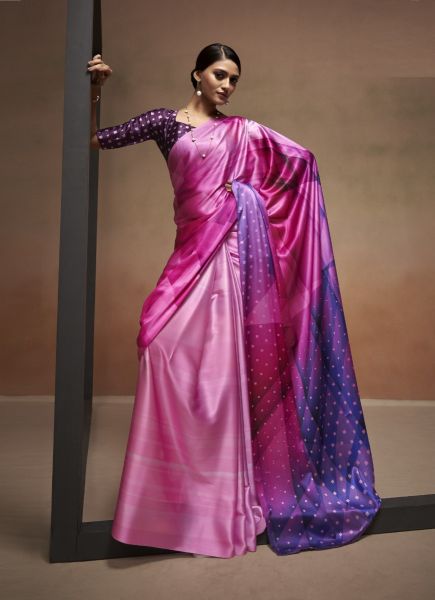 Magenta Satin Digitally Printed Party-Wear Vibrant Saree