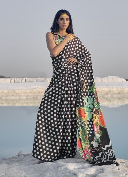 Black Satin Crape Digitally Printed Festive-Wear Vibrant Saree