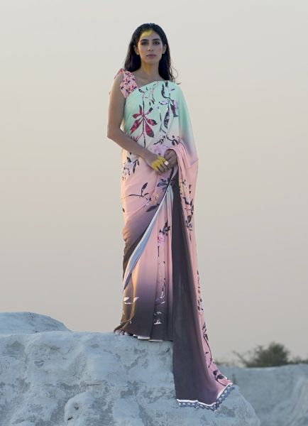 Pink & Aqua Satin Crape Digitally Printed Festive-Wear Vibrant Saree