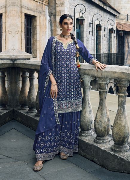 Blue Georgette Embroidered Party-Wear Sharara-Bottom Salwar kameez