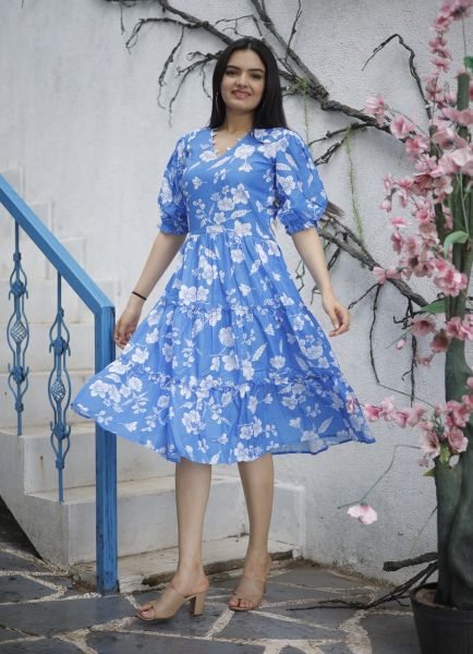 Sky Blue Pure Muslin Printed Resort-Wear Readymade Maxi Dress