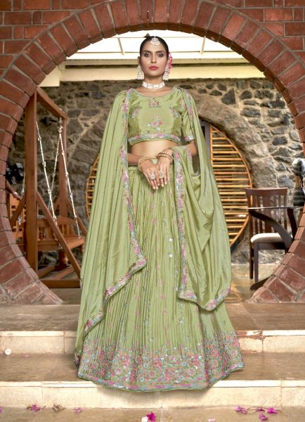 Light Olive Green Chinon Crushed With Thread Embroidery & Sequins-Work Party-Wear Lehenga Choli