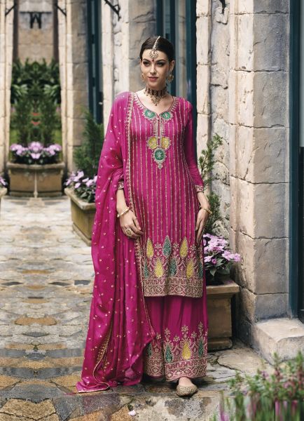 Magenta Chinon Embroidered Party-Wear Palazzo-Bottom Salwar Kameez