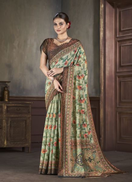 Light Pista Green Silk Viscose Printed Vibrant Saree For Traditional / Religious Occasions