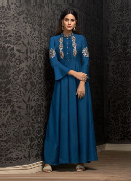 Sea Blue Muslin Embroidered Floor-Length Readymade Gown For Traditional / Religious Occasions