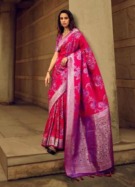Pink Red Woven Satin Brasso Saree For Traditional / Religious Occasions