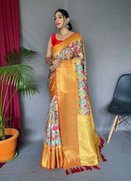 Brown Kanchipuram Floral Digitally Printed Saree For Traditional / Religious Occasions