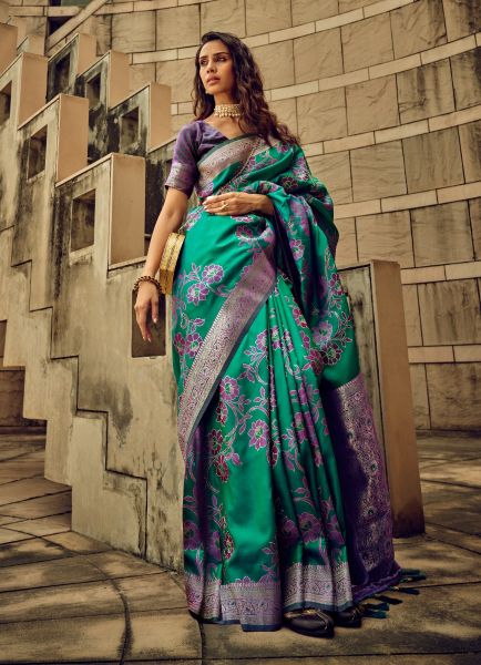 Teal Green Woven Satin Brasso Saree For Traditional / Religious Occasions
