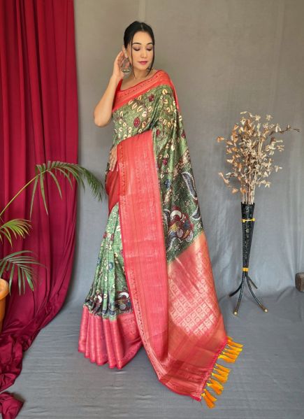Pista Green Kanchipuram Floral Digitally Printed Saree For Traditional / Religious Occasions