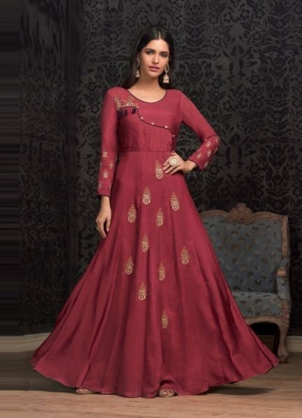 Wine Red Muslin Embroidered Floor-Length Readymade Gown For Traditional / Religious Occasions