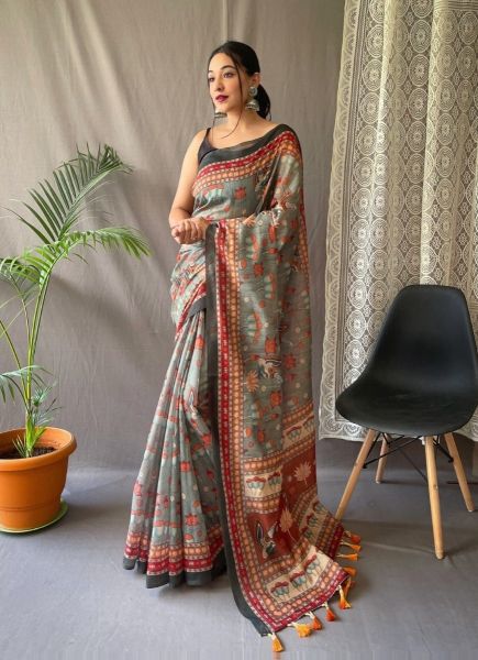 Warm Gray Cotton Kalamkari Digital Printed Festive-Wear Saree