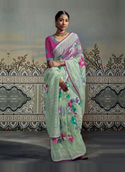 Mint Green Brasso Digitally Printed Party-Wear Saree