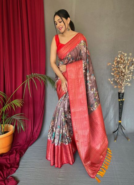 Light Maroon Kanchipuram Floral Digitally Printed Saree For Traditional / Religious Occasions