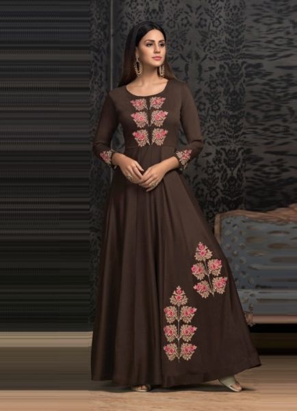 Dark Brown Muslin Embroidered Floor-Length Readymade Gown For Traditional / Religious Occasions