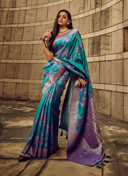 Teal Blue Woven Satin Brasso Saree For Traditional / Religious Occasions