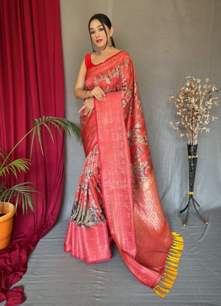 Red Kanchipuram Floral Digitally Printed Saree For Traditional / Religious Occasions