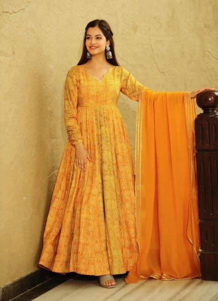 Orange Georgette Digitally Printed Resort-Wear Floor-Length Readymade Gown With Dupatta