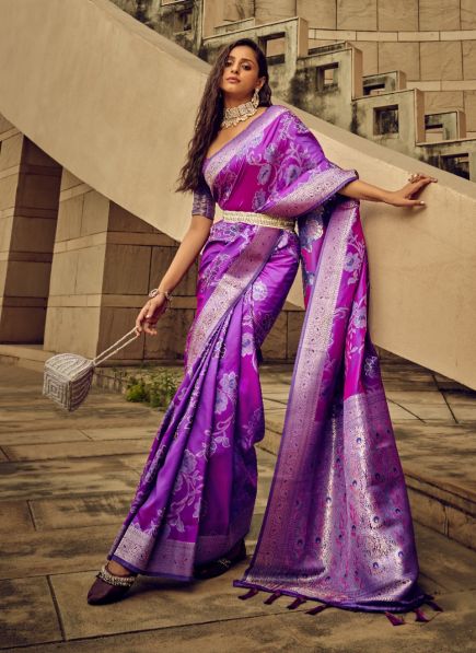Purple Woven Satin Brasso Saree For Traditional / Religious Occasions