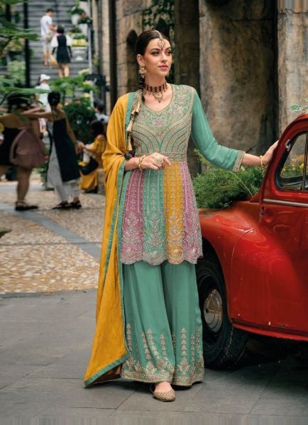 Mint Blue Chinon Embroidered Party-Wear Readymade Palazzo-Bottom Salwar Kameez