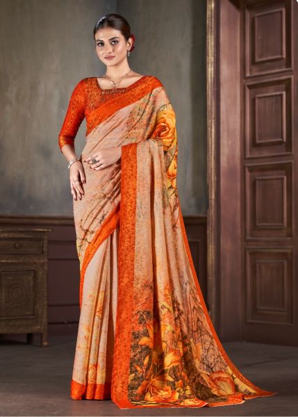 Peach & Orange Silk Viscose Printed Vibrant Saree For Traditional / Religious Occasions